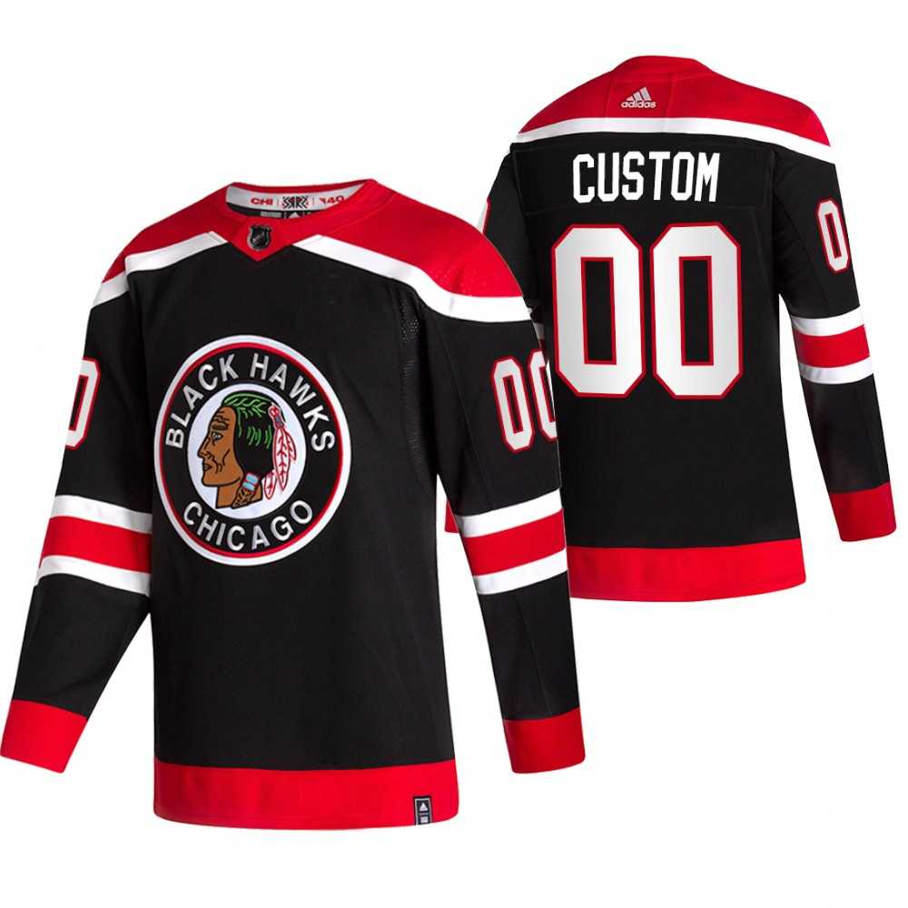 Men%27s Chicago Blackhawks Custom Black Adidas 2020-21 Reverse Retro Alternate NHL Jersey